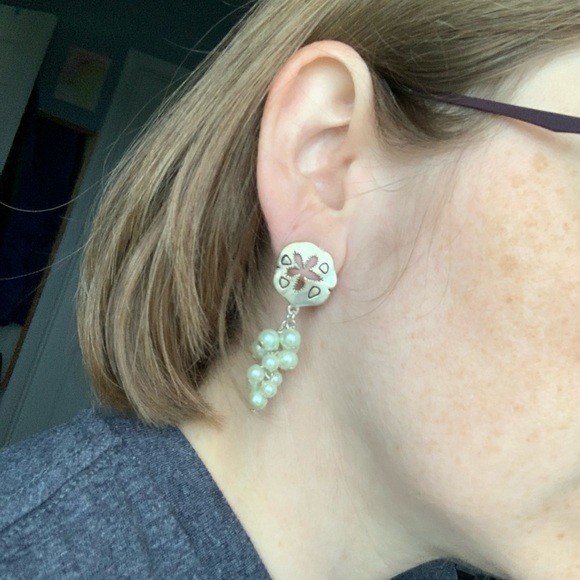 Silver Sand Dollar & Freshwater Pearl Cluster Dangle Earrings - Picture 6 of 7